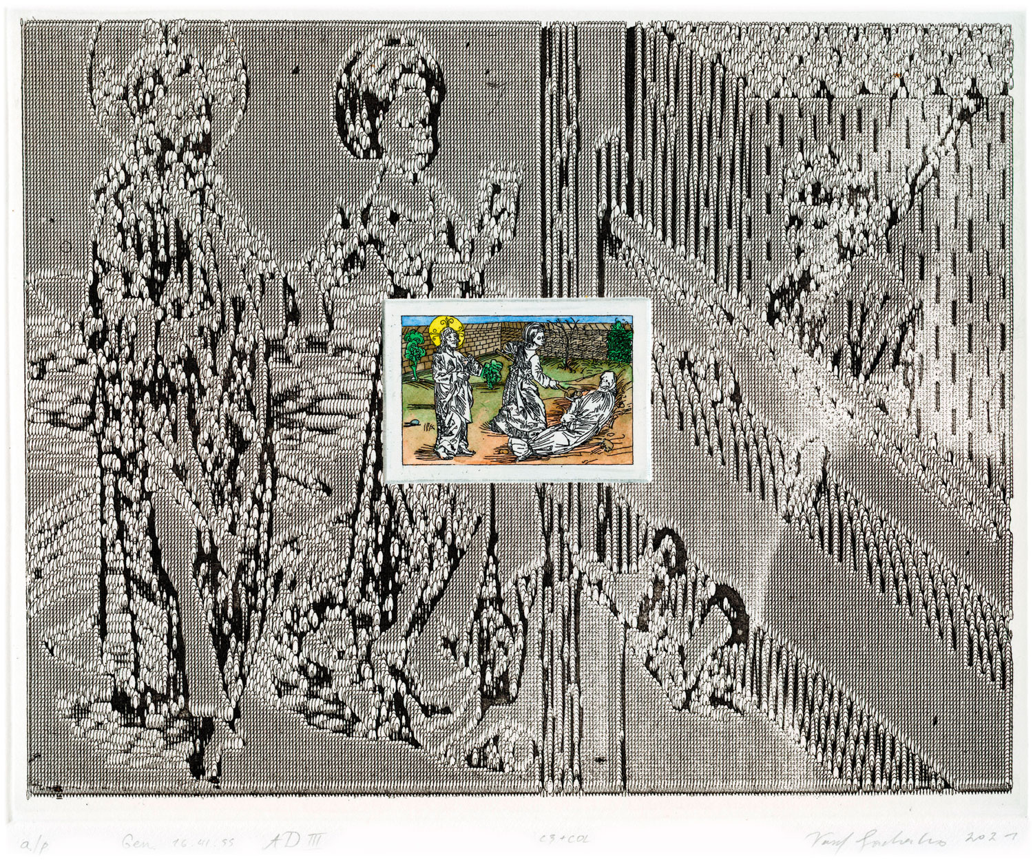 “Gen.16.44.55” A.D.III, Etching, watercolor on Fabriano Rosaspina paper 285 g/m², 2021, artwork by Vasyl Savchenko